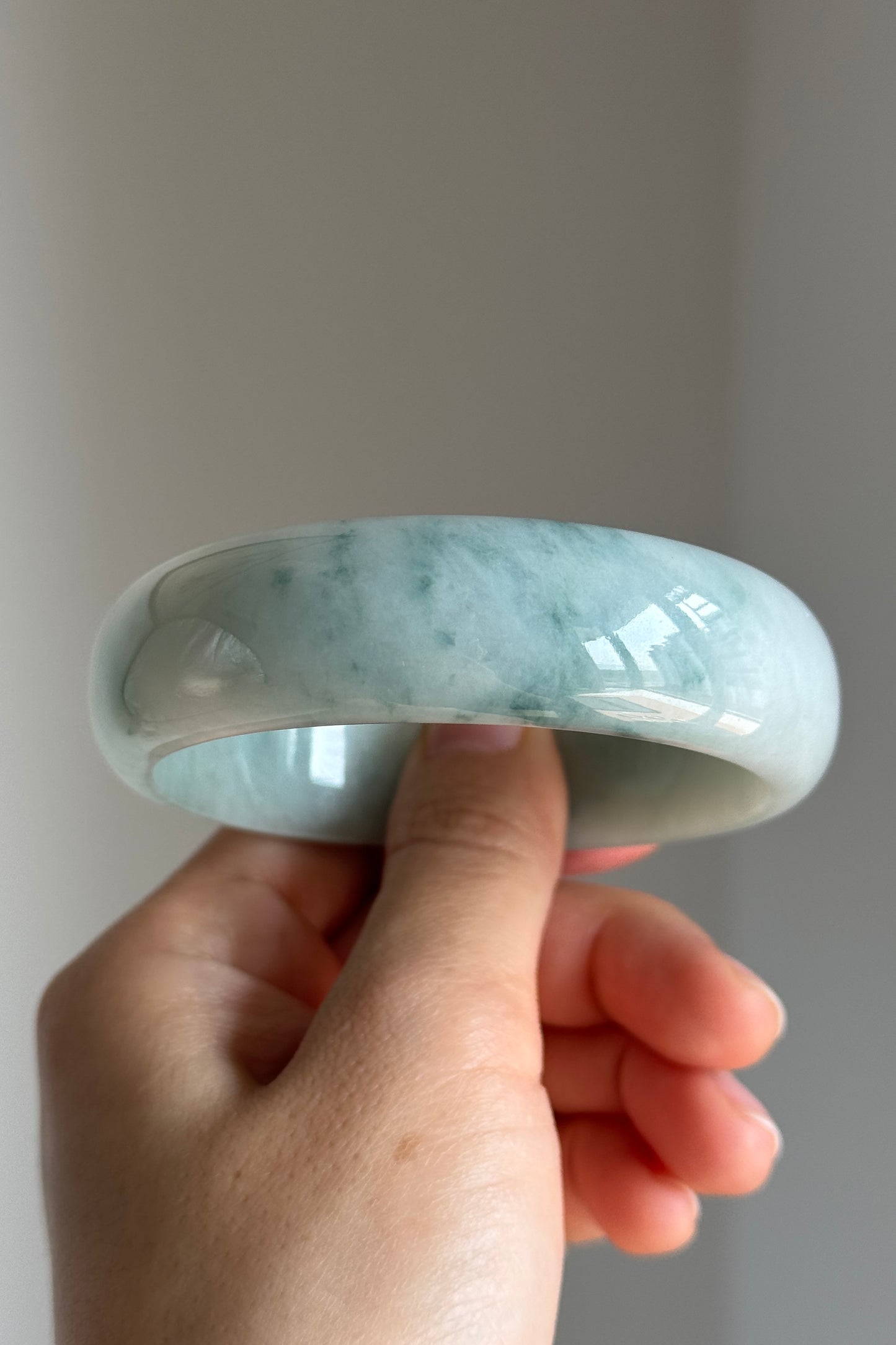 #0384 Icy Bluish Green Flower Wide Jade Bangle Size 61.7