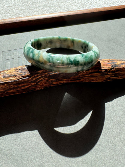 #0348 "Camouflage" Forest Green Yellow White Jade Bangle Size 56.6