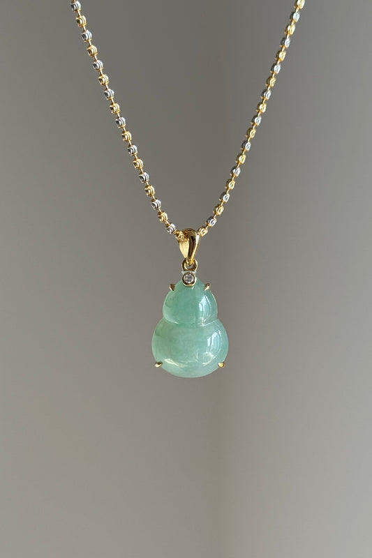 #P0530 "Hulu/Gourd" Icy Lotus Green Jadeite Jade 18K Yellow Gold Pendant