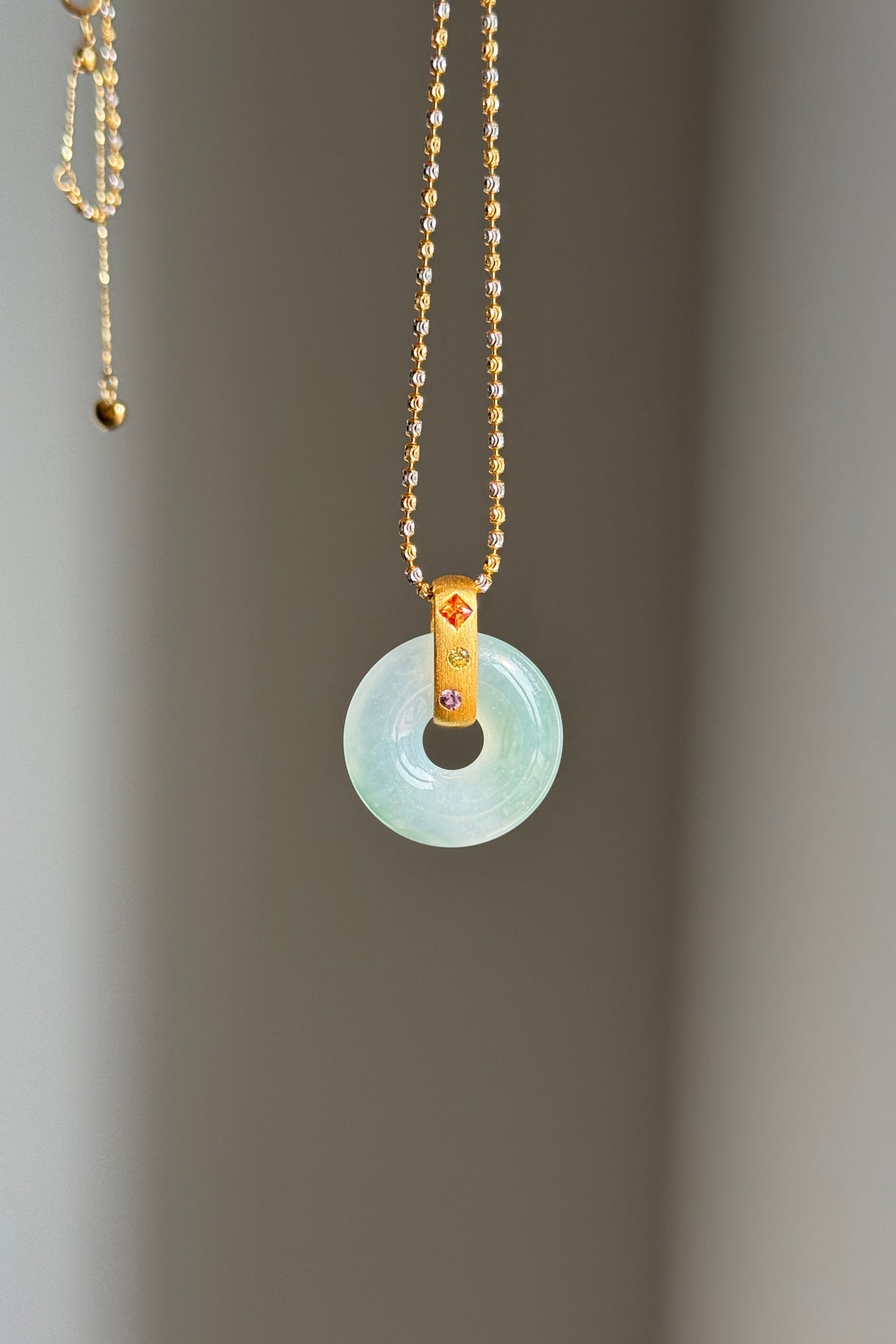 #P0544 "Bi" Icy Blue Green Jadeite Jade Donut 18K Yellow Gold Pendant