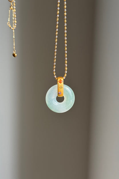 #P0544 "Bi" Icy Blue Green Jadeite Jade Donut 18K Yellow Gold Pendant