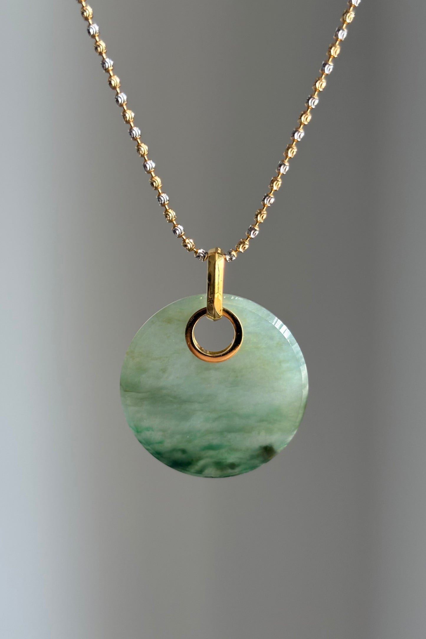 #P0457 "Wushi/Peace" Icy Green Jadeite Jade 18K Yellow Gold Pendant