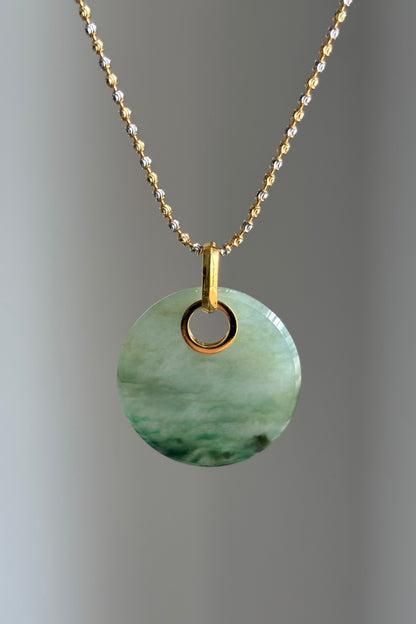 #P0457 "Wushi/Peace" Icy Green Jadeite Jade 18K Yellow Gold Pendant
