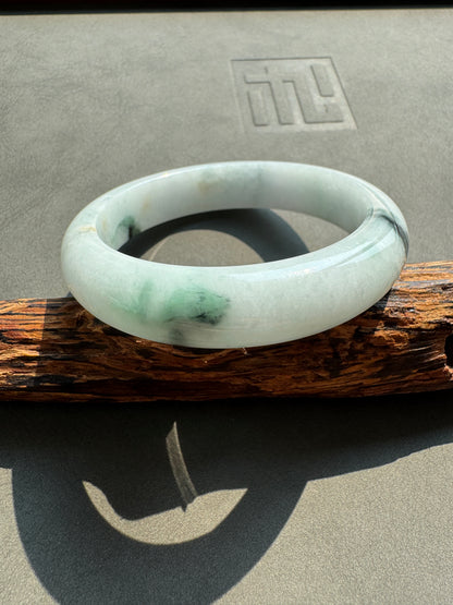 #0402 White Green Ink Flower Jade Bangle Size 56.5