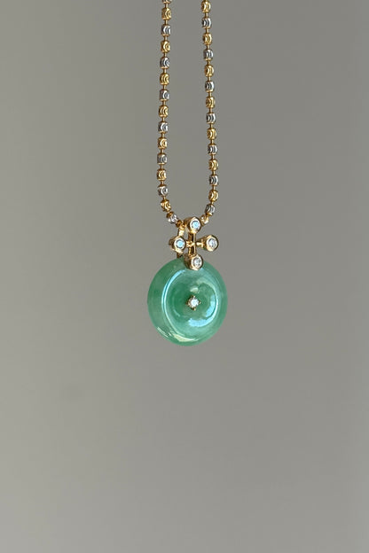 #P0570 "Blossom Bi" Icy Sun Green Jadeite Jade Donut 18K Yellow Gold Pendant