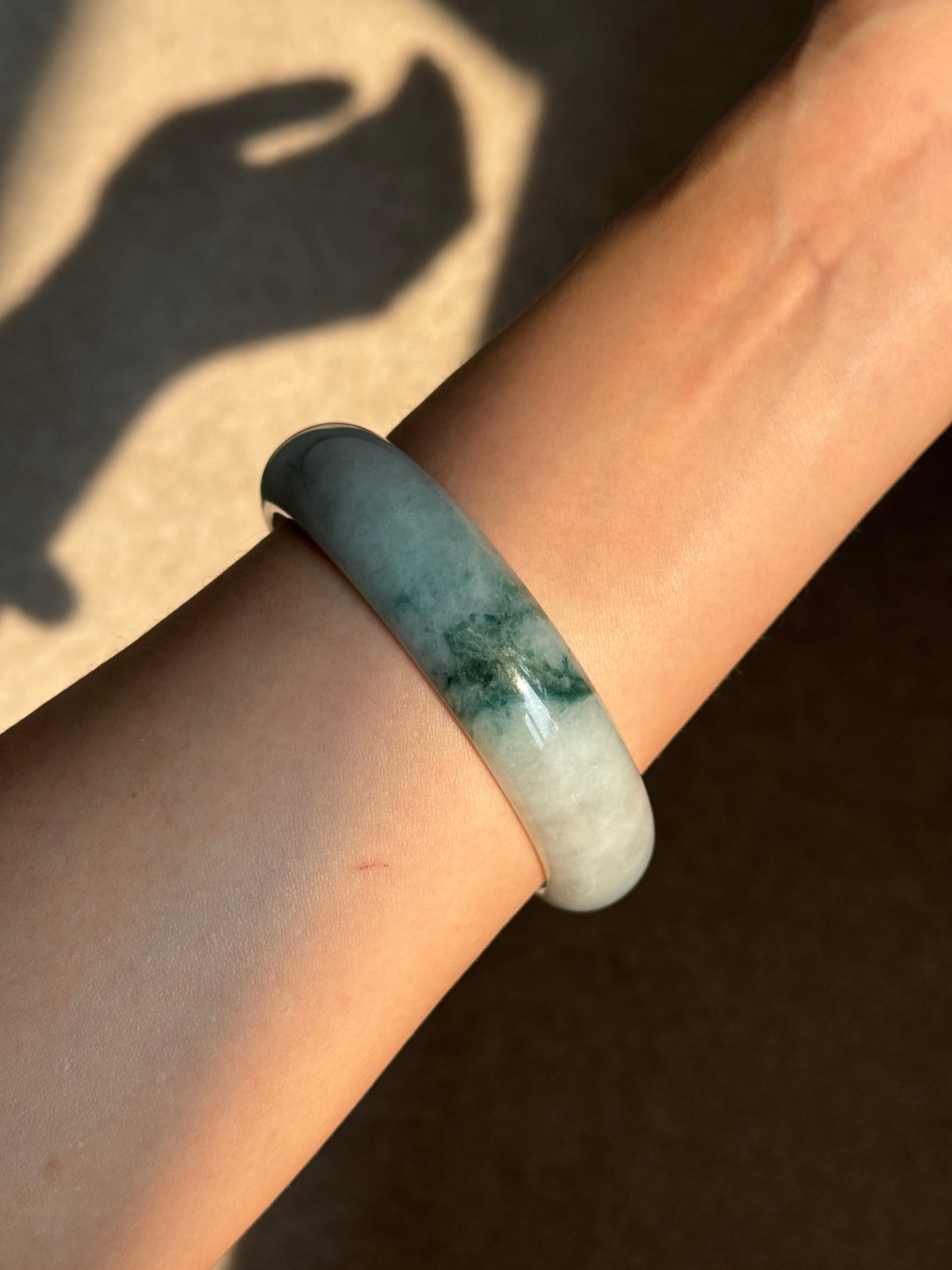 #0421 Icy Bluish Green Flower Jade Bangle Size 60.5