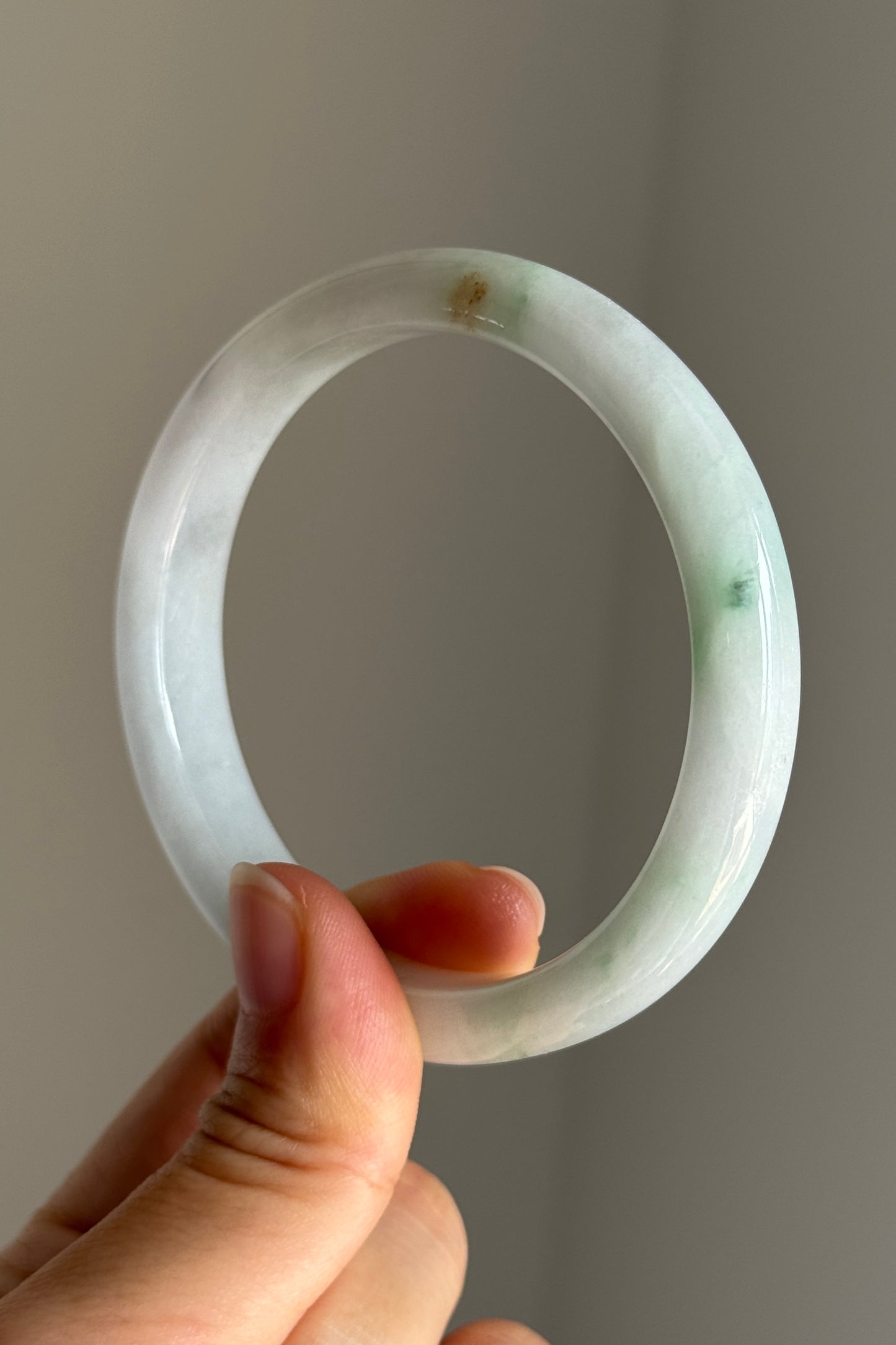 #0394 Green Flower White Jade Bangle Size 58