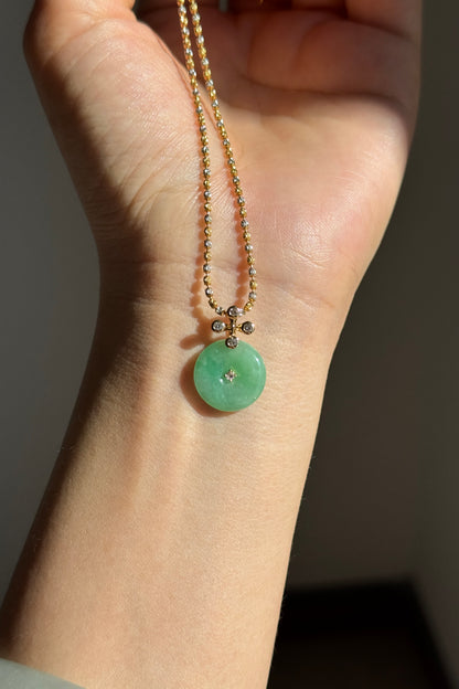 #P0570 "Blossom Bi" Icy Sun Green Jadeite Jade Donut 18K Yellow Gold Pendant