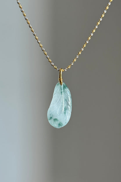#P0558 "Feather" Icy Green Flower Jadeite Jade Feather 18K Yellow Gold Pendant