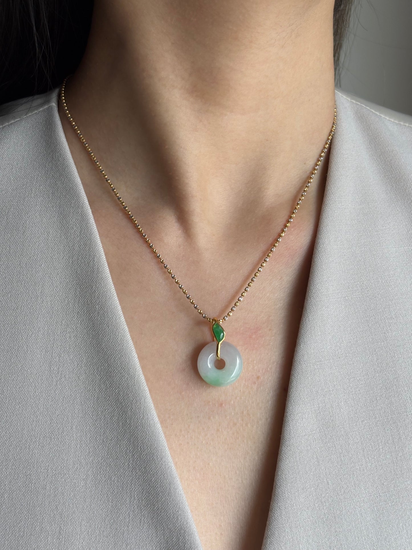 #0459 "Bi" Icy Sun Green Light Lavender Jadeite Jade Donut 18K Yellow Gold Pendant
