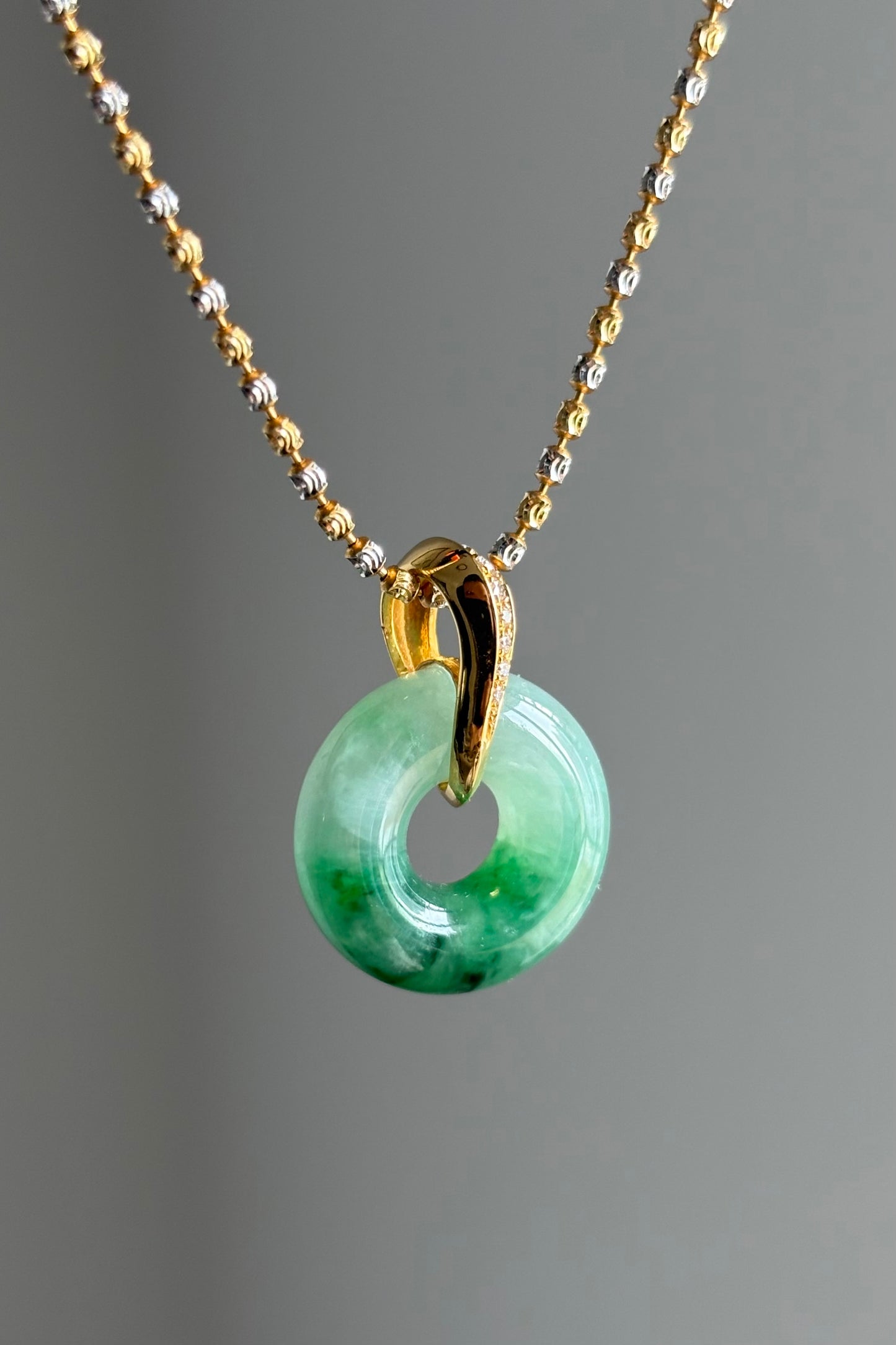 #P0454 "Bi" Icy Sun Green Jadeite Jade Donut 18K Yellow Gold Pendant