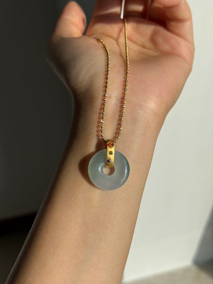 #P0544 "Bi" Icy Blue Green Jadeite Jade Donut 18K Yellow Gold Pendant