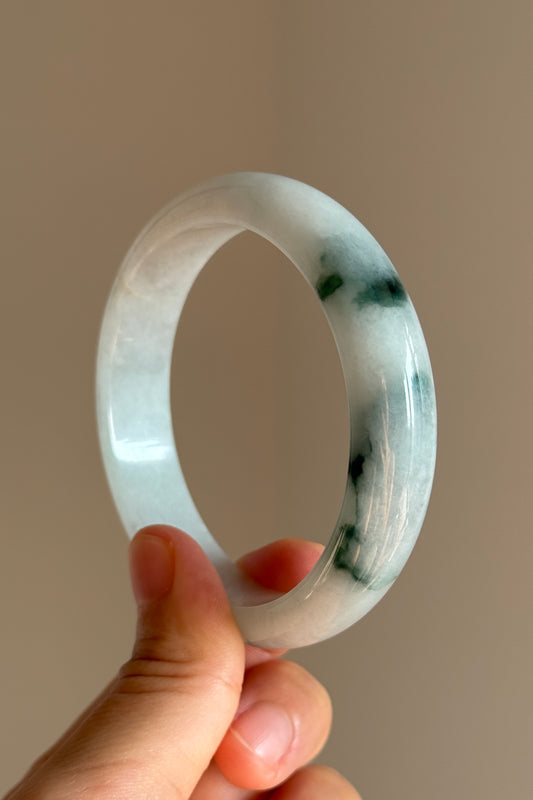 #0456 Icy Bluish Green Flower Jade Bangle Size 57.8