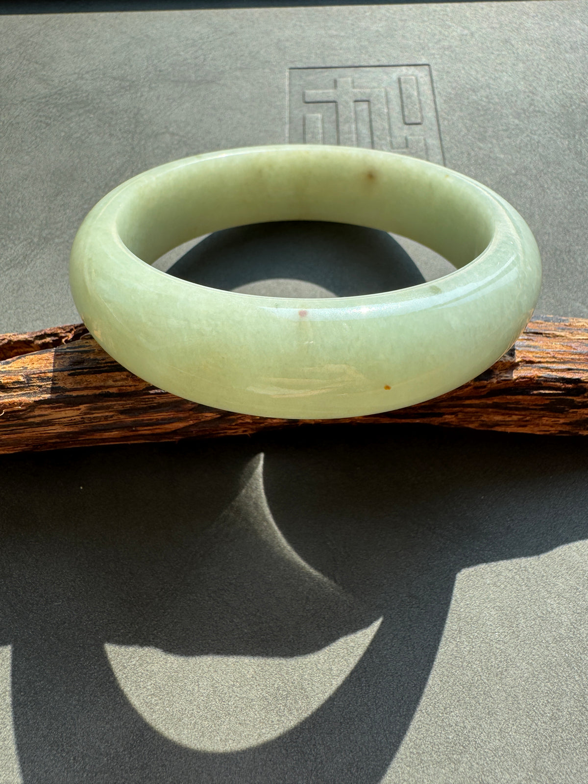 #0439 Yellowish Green Flower Jade Bangle Size 62.3