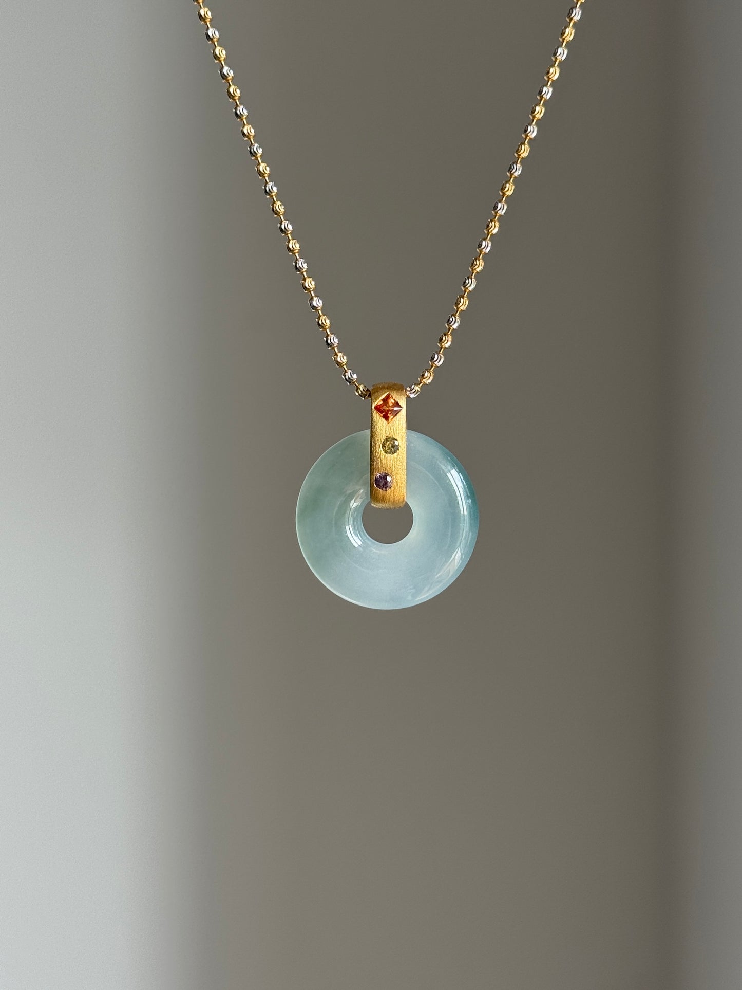 #P0544 "Bi" Icy Blue Green Jadeite Jade Donut 18K Yellow Gold Pendant