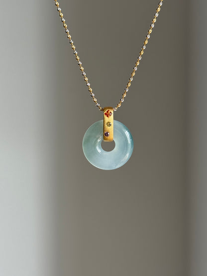 #P0544 "Bi" Icy Blue Green Jadeite Jade Donut 18K Yellow Gold Pendant