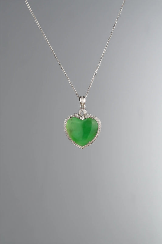 "Heart" Sun Green Jadeite Jade 18K White Gold VS Diamonds Pendant