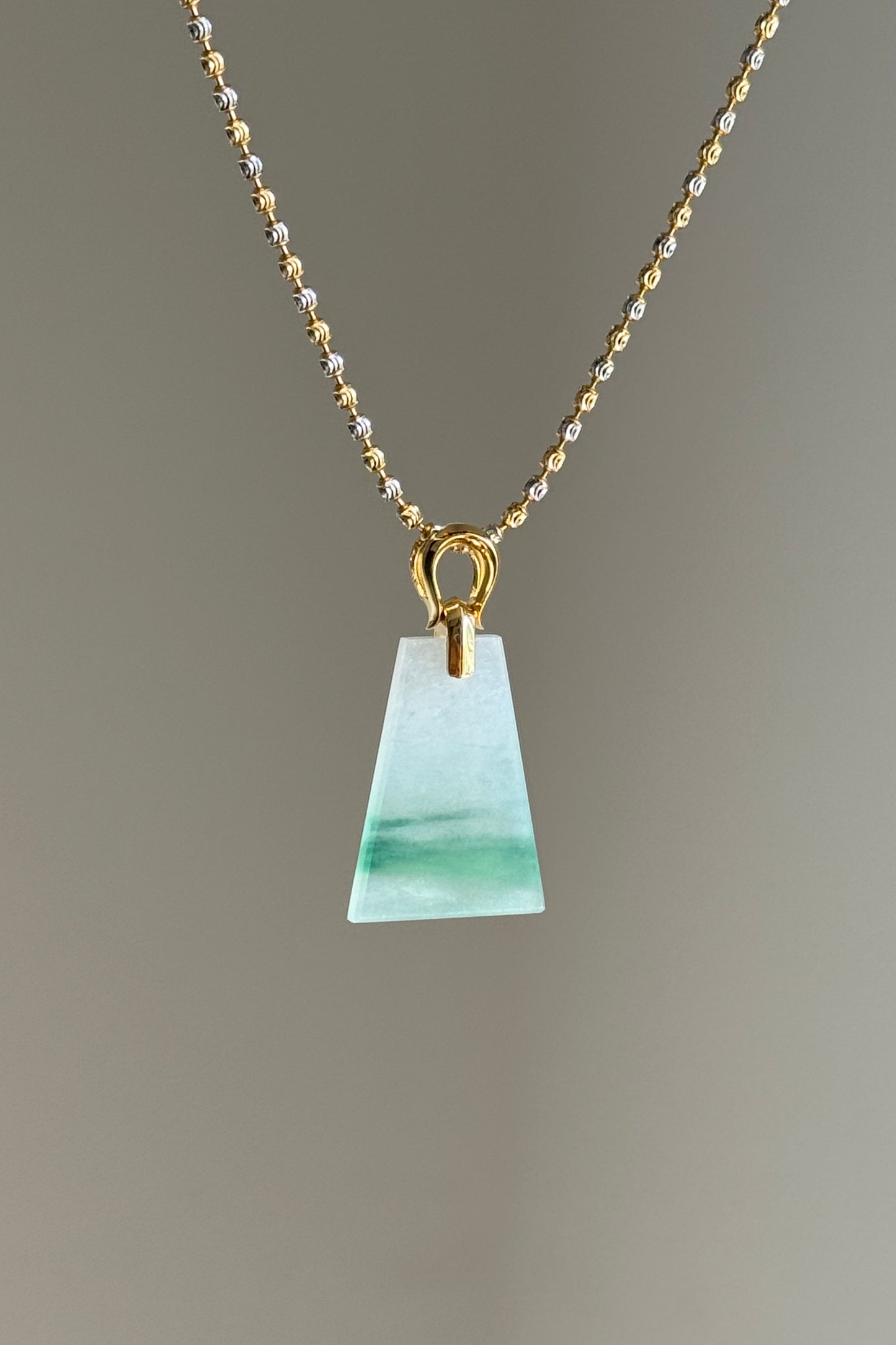 #P0518 "Wushi/Peace" Icy Sun Green White Jadeite Jade Peace 18K Yellow Gold Pendant