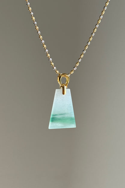 #P0518 "Wushi/Peace" Icy Sun Green White Jadeite Jade Peace 18K Yellow Gold Pendant