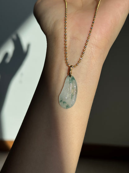 #P0558 "Feather" Icy Green Flower Jadeite Jade Feather 18K Yellow Gold Pendant