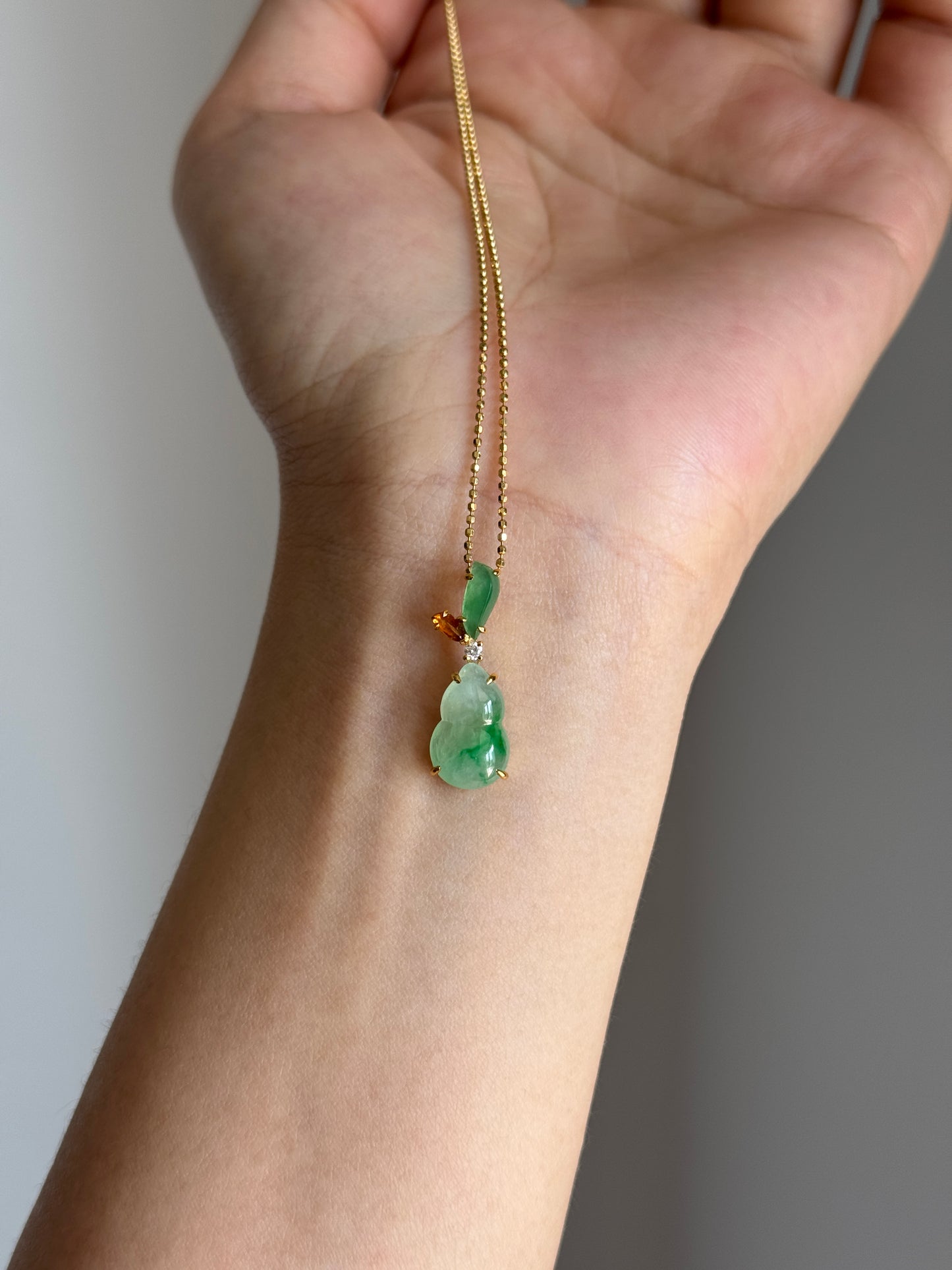 #P0563 "Hulu/Gourd" Icy Sun Green & Golden Yellow Jadeite Jade 18K Yellow Gold Pendant