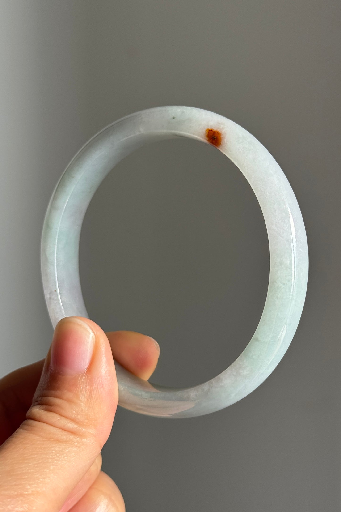 #0378 Icy Lotus Green Red Spot Oval Jade Bangle Size 55
