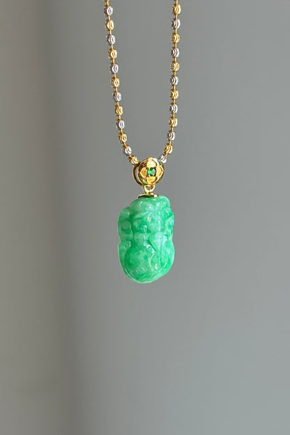 #P0561 "Pixiu" Sun Green Jadeite Jade 18K Yellow Gold Pendant