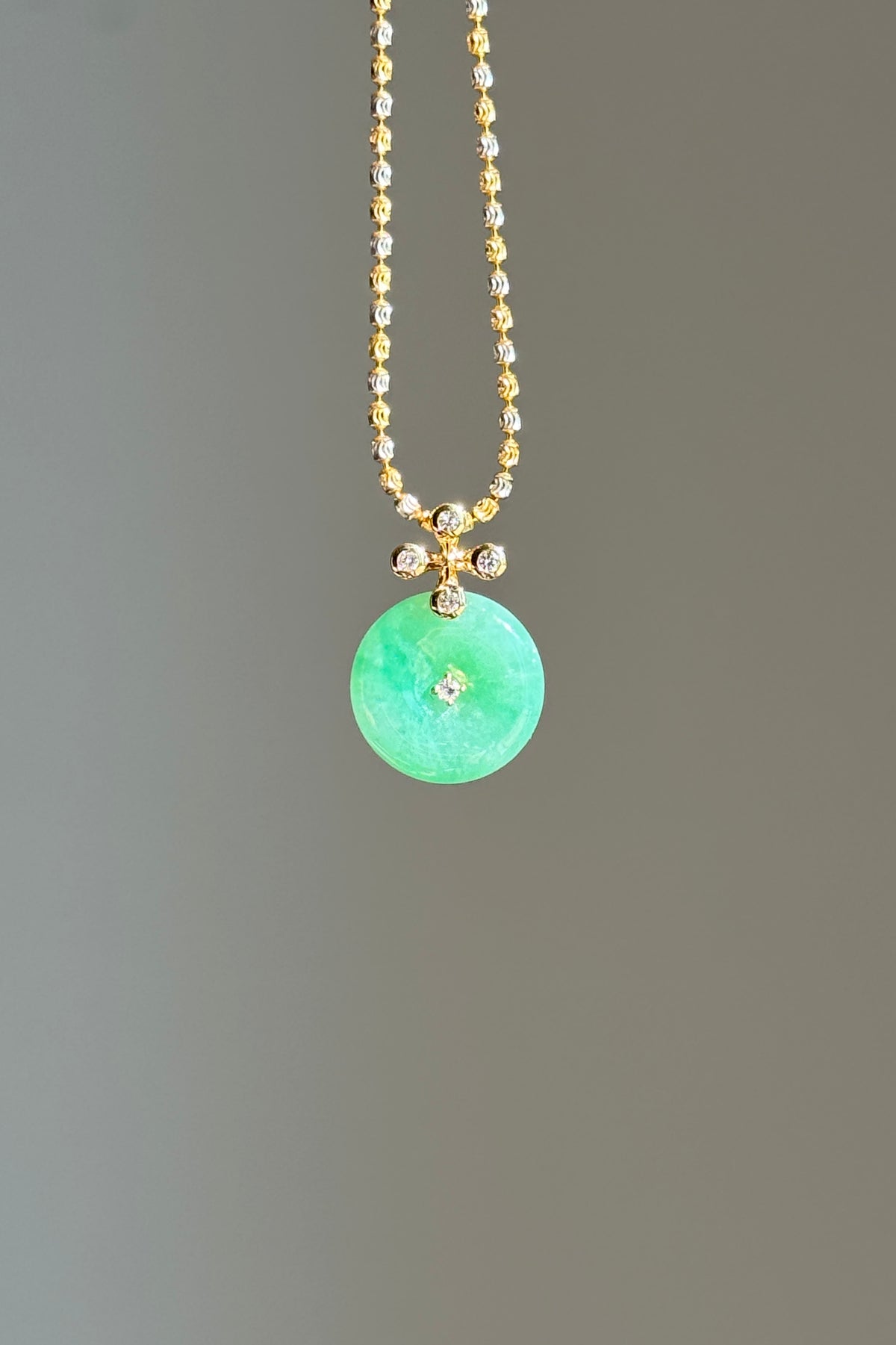 #P0570 "Blossom Bi" Icy Sun Green Jadeite Jade Donut 18K Yellow Gold Pendant