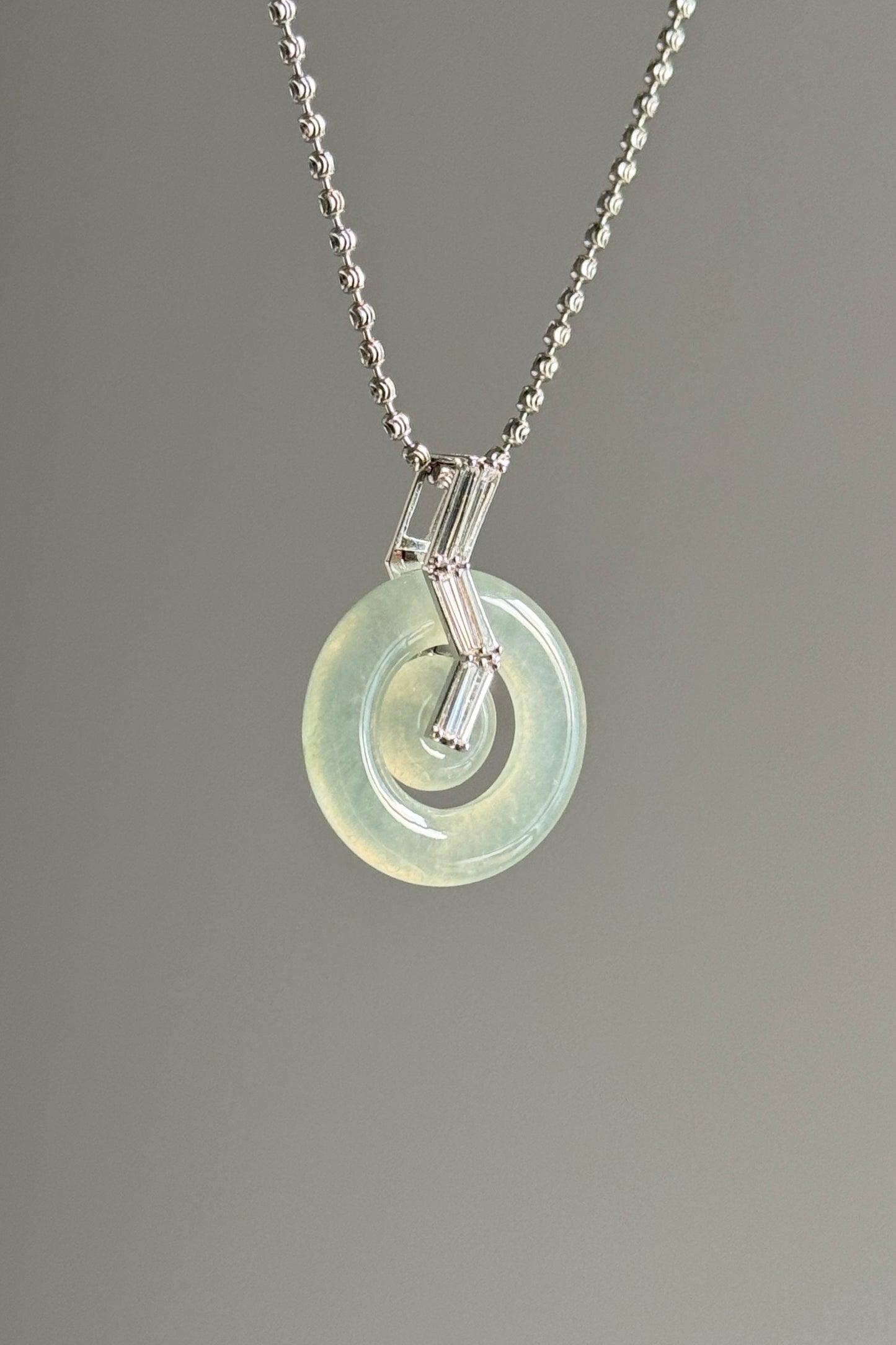 #P0495 "Bi" Highly Icy Light Green Jadeite Jade Donut 18K White Gold Pendant