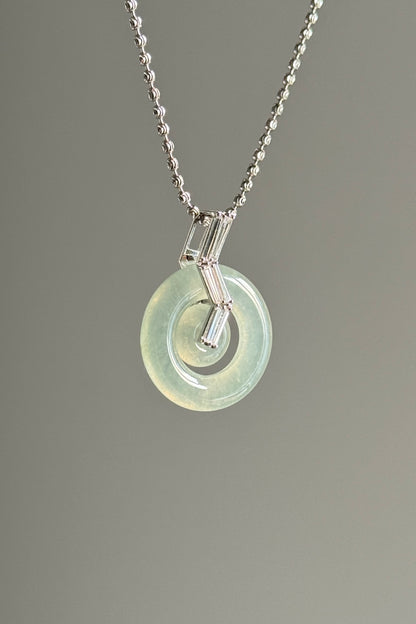 #P0495 "Bi" Highly Icy Light Green Jadeite Jade Donut 18K White Gold Pendant