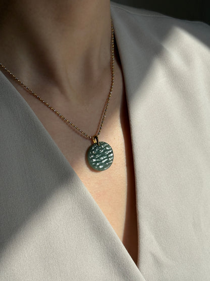 #P0492 "The West Lake" Icy Bluish Green Water Jadeite Jade 18K Yellow Gold Pendant