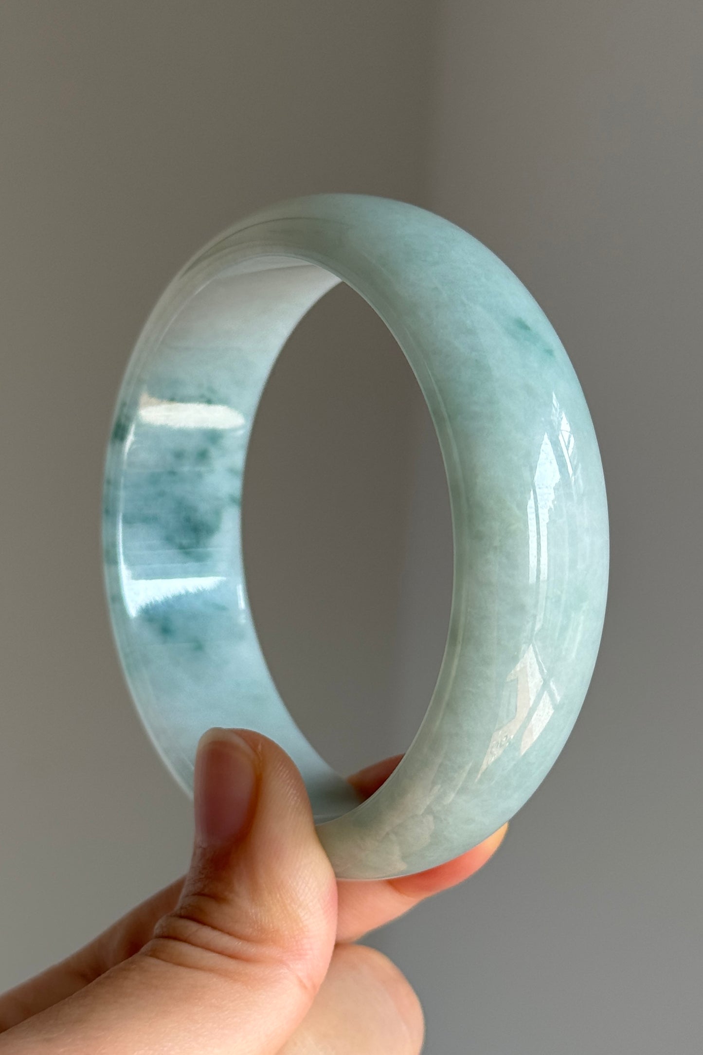 #0384 Icy Bluish Green Flower Wide Jade Bangle Size 61.7