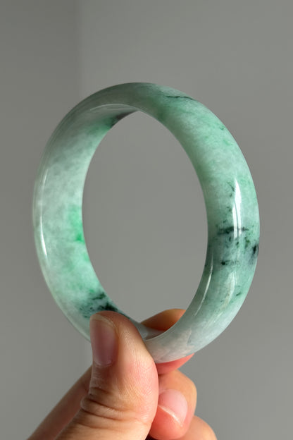 #0377 Sun Green Ink Flower Wide Jade Bangle Size 59.4