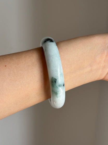 #0402 White Green Ink Flower Jade Bangle Size 56.5