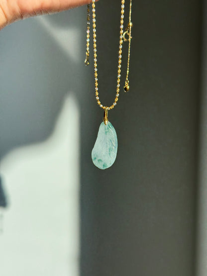 #P0558 "Feather" Icy Green Flower Jadeite Jade Feather 18K Yellow Gold Pendant