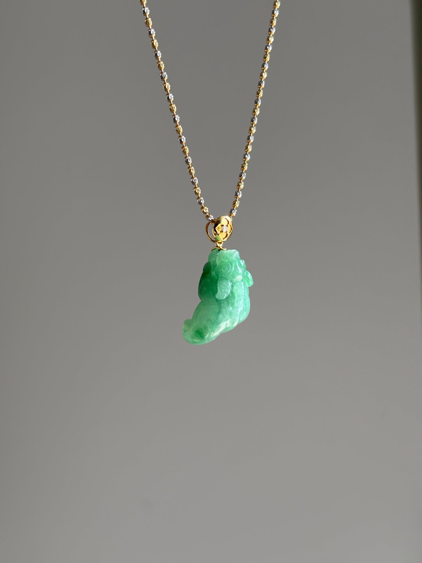 #P0526 "Pixiu" Icy Sun Green Jadeite Jade 18K Yellow Gold Pendant