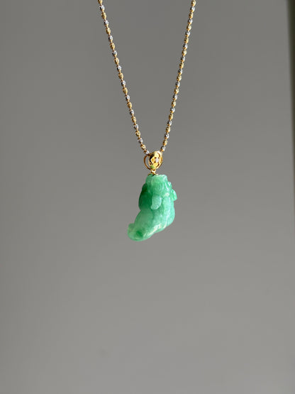 #P0526 "Pixiu" Icy Sun Green Jadeite Jade 18K Yellow Gold Pendant