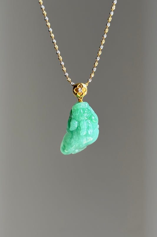 #P0526 "Pixiu" Icy Sun Green Jadeite Jade 18K Yellow Gold Pendant