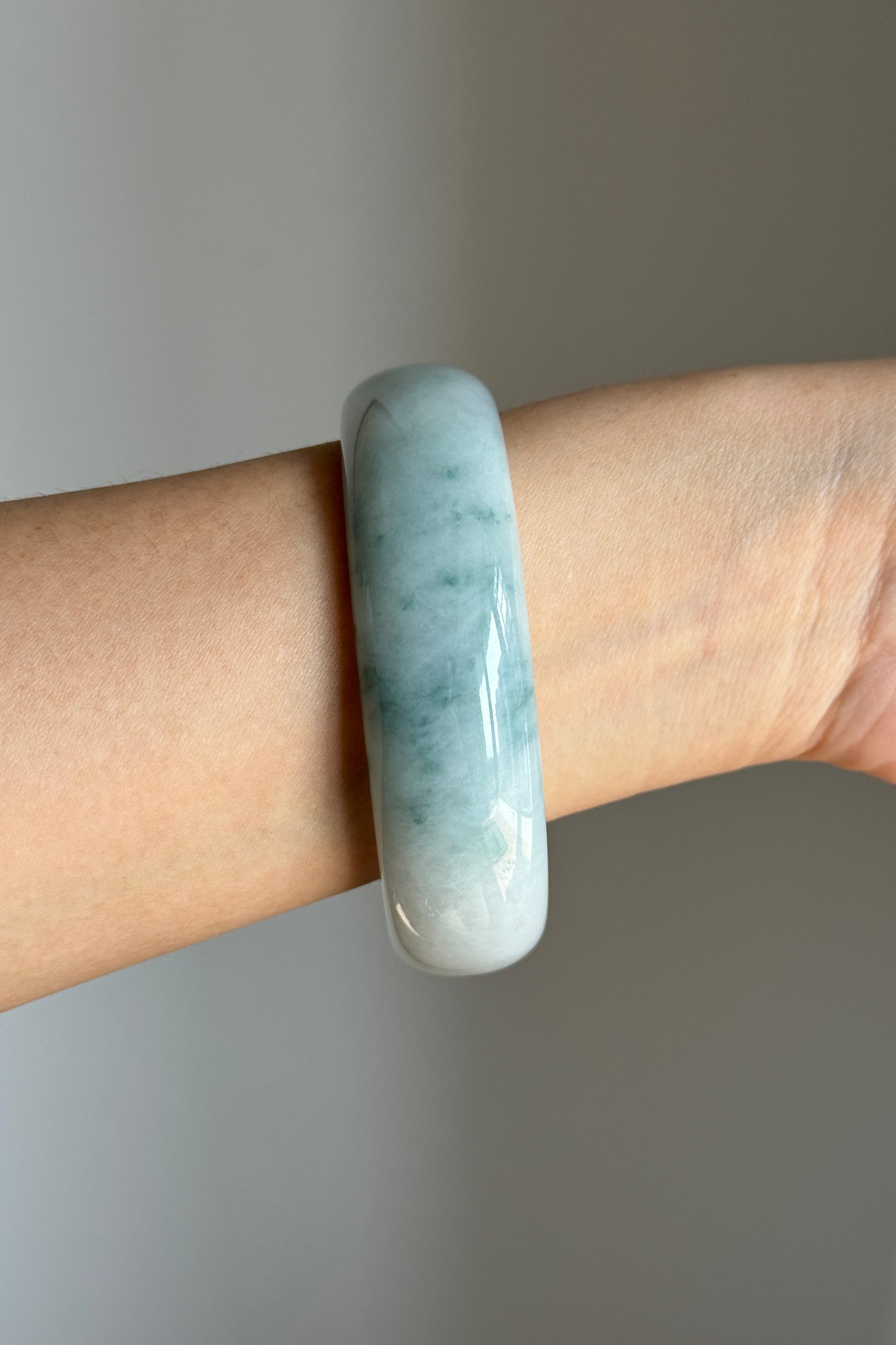 #0384 Icy Bluish Green Flower Wide Jade Bangle Size 61.7