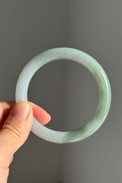 #0381 Icy Lotus Green White Jade Bangle Size 54.7 (fits up to 56.7)