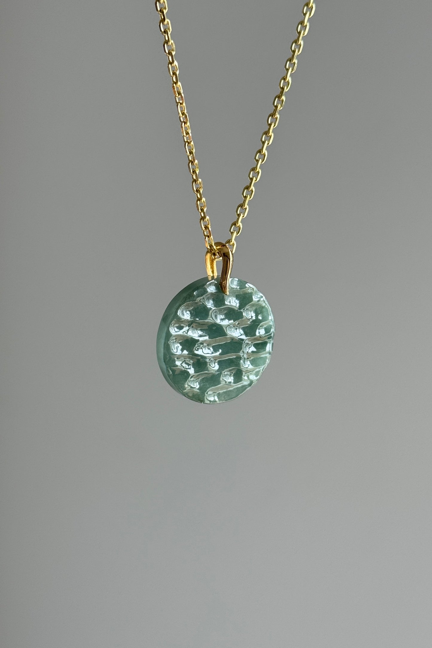 #P0492 "The West Lake" Icy Bluish Green Water Jadeite Jade 18K Yellow Gold Pendant