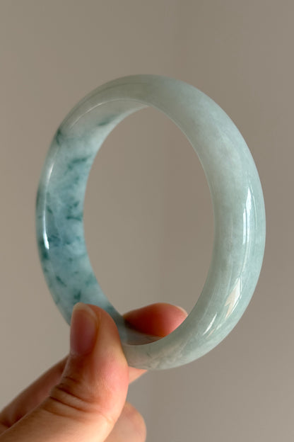 #0399 Icy Bluish Green Flower Jade Bangle Size 60.6