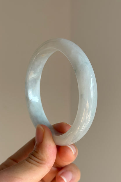 #0442 Icy White Light Green Yellow Spot Jade Bangle Size 58.9