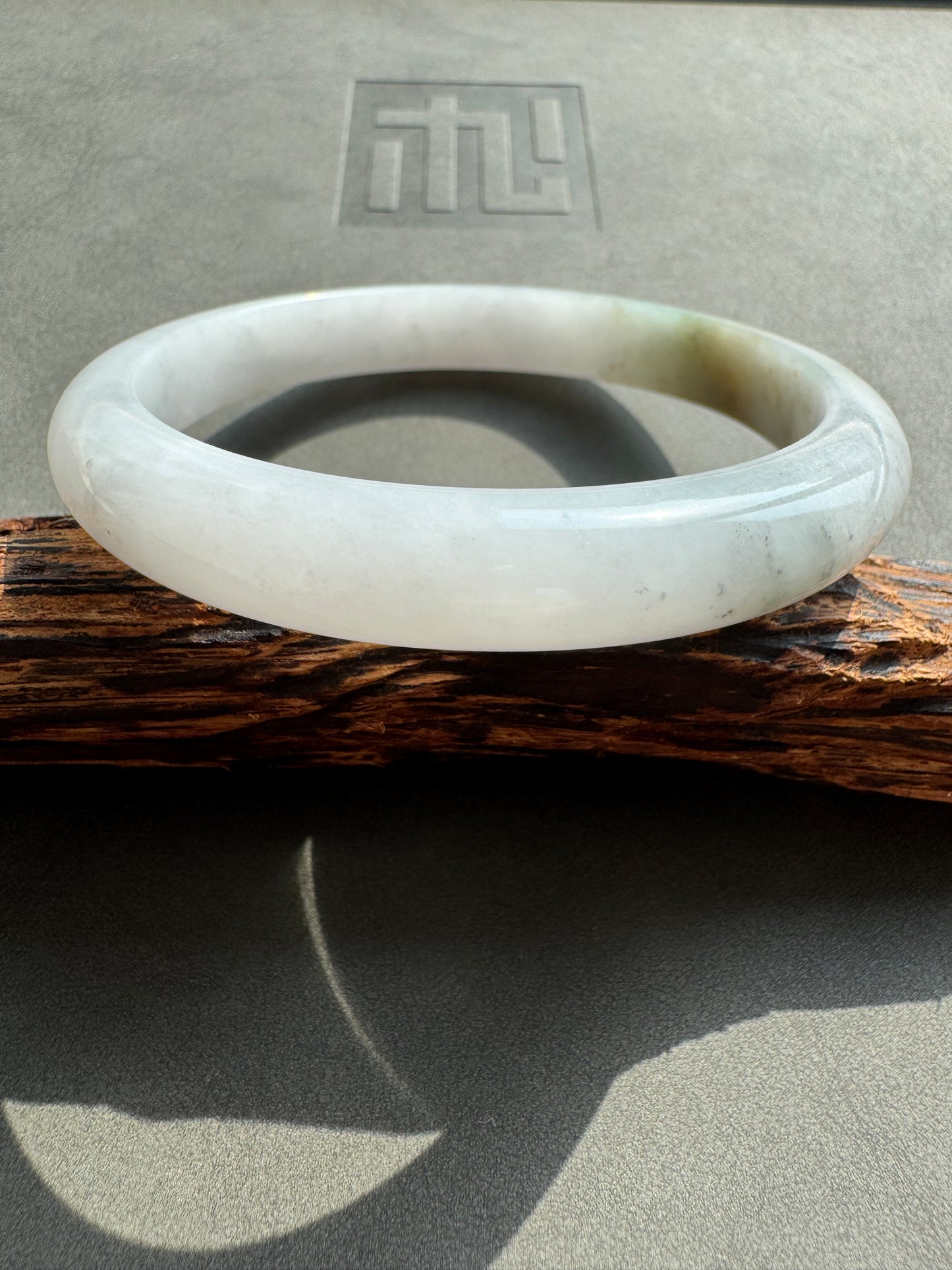 #0380 Icy White Yellow Flower Ink Jade Bangle Size 61