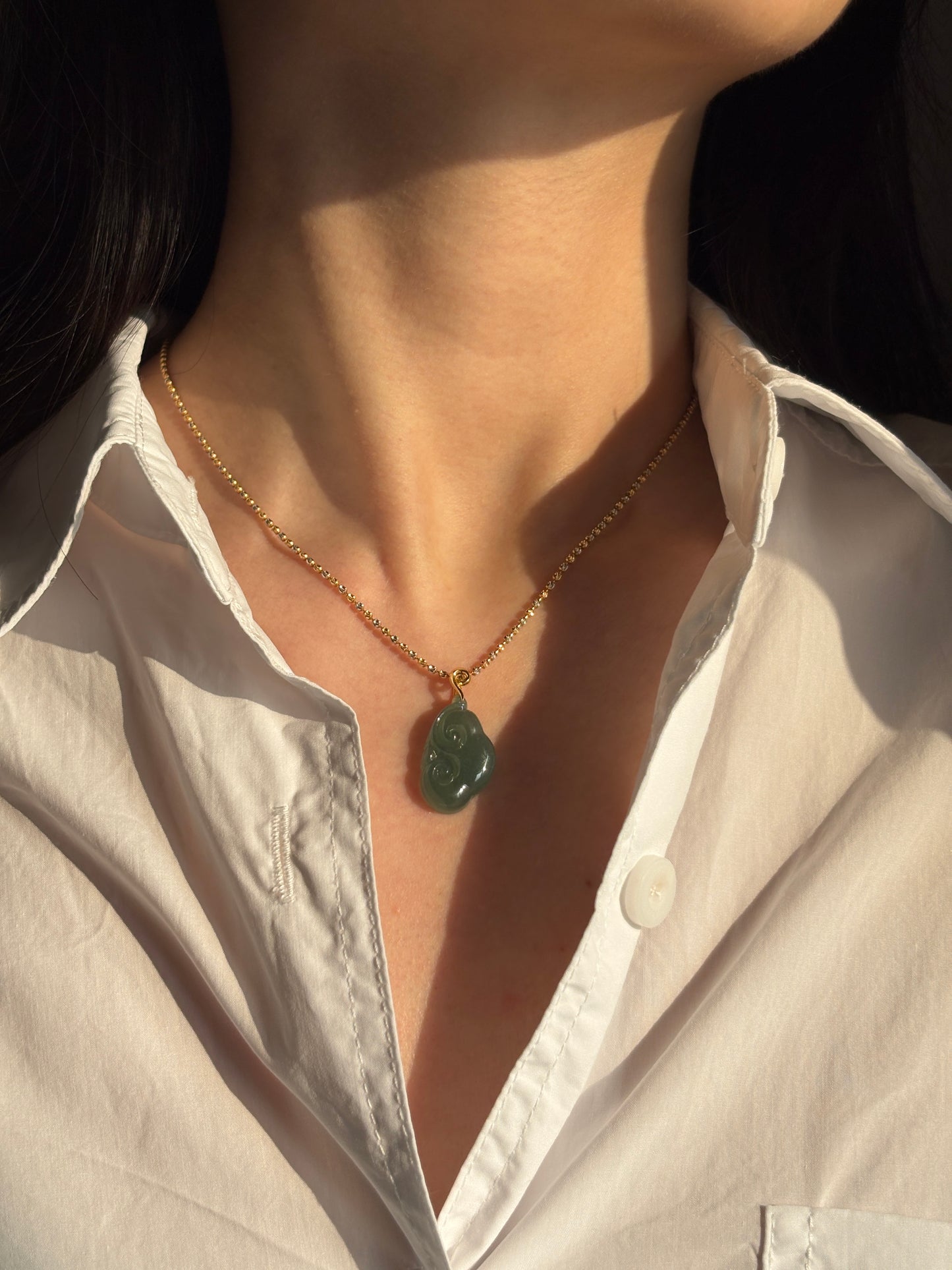 #P0527 "Ruyi / As Your Wish" Highly Icy Blue Water Rich Lake Green Jadeite Jade 18K Yellow Gold Pendant