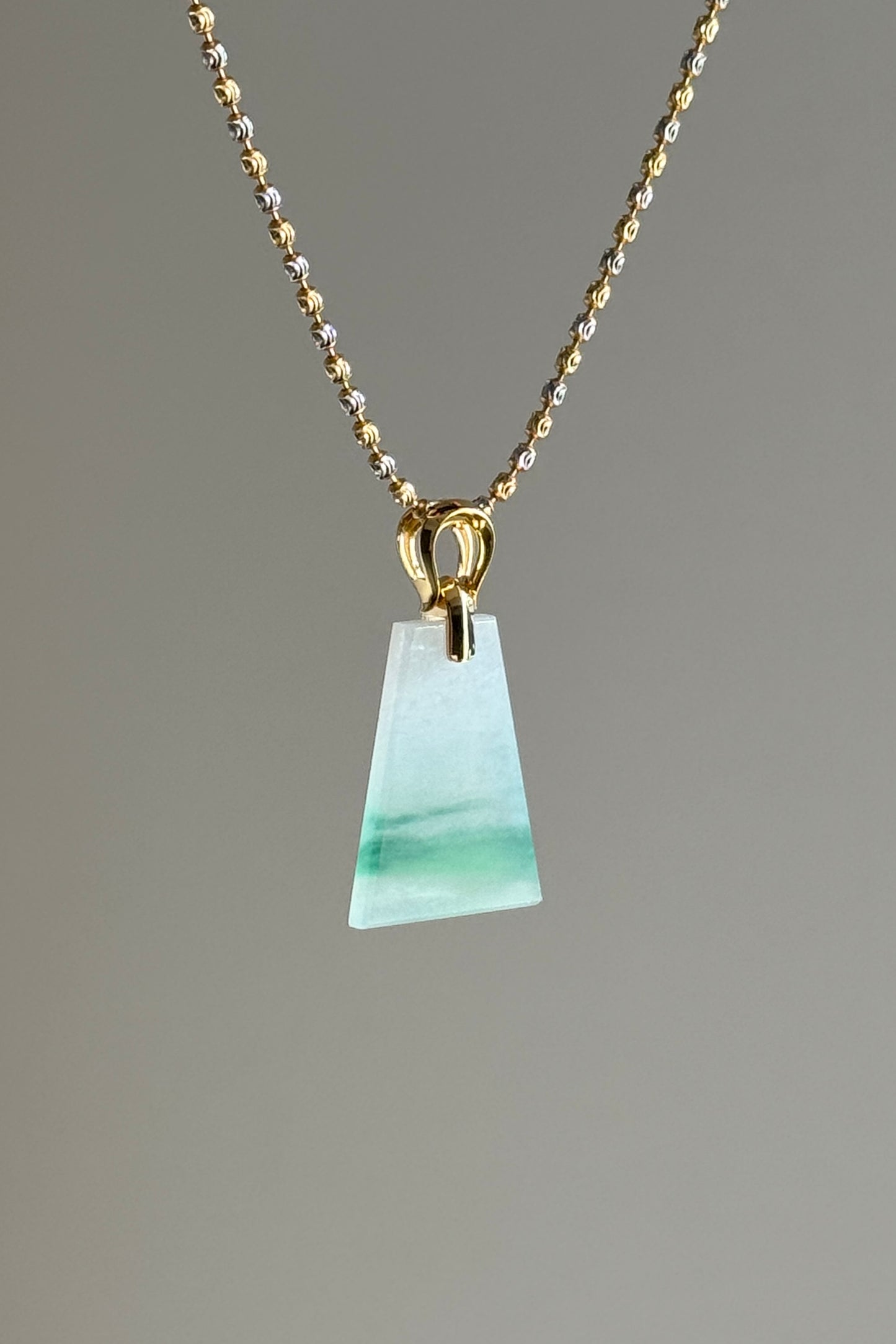 #P0518 "Wushi/Peace" Icy Sun Green White Jadeite Jade Peace 18K Yellow Gold Pendant
