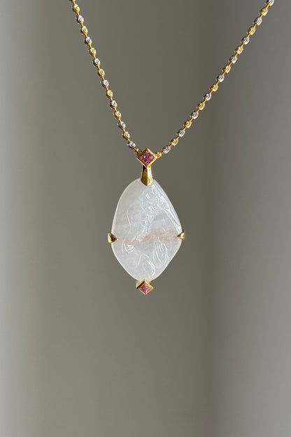 #P0556 "Guan Yin" Icy Light Pink Red White Jadeite Jade 18K Yellow Gold Pendant