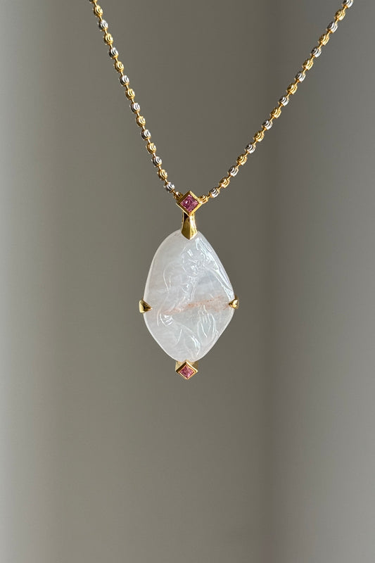 #P0556 "Guan Yin" Icy Light Pink Red White Jadeite Jade 18K Yellow Gold Pendant