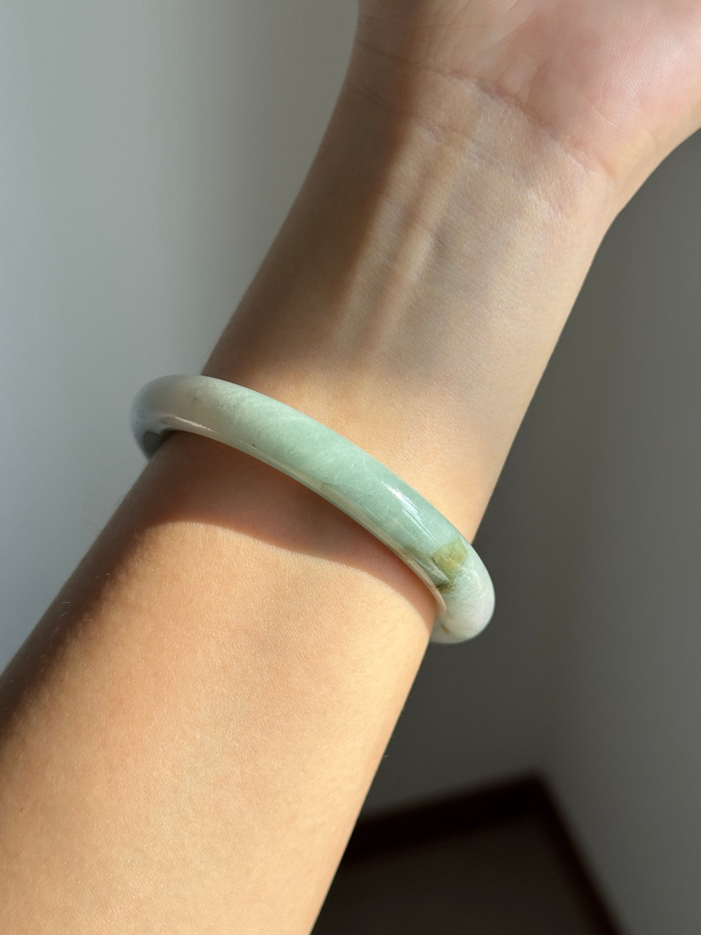 #0359 Lotus Green White Jade Bangle Size 51.2 (fits up to 53)