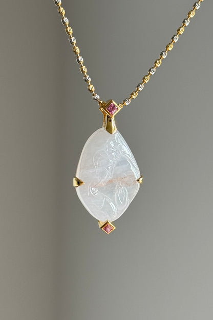 #P0556 "Guan Yin" Icy Light Pink Red White Jadeite Jade 18K Yellow Gold Pendant